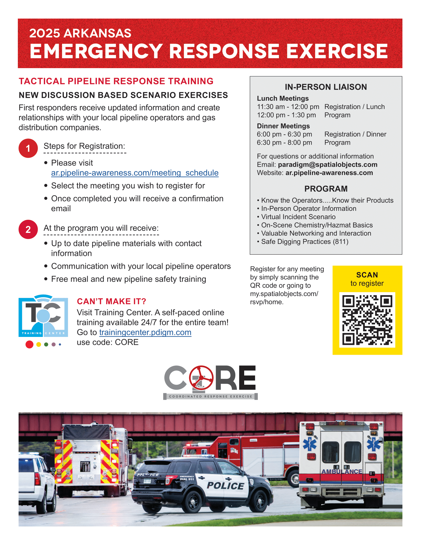 Flyer for the 2025 Arkansas Emergency Response Exercise. Features training steps, liaison meeting details, and program schedule. Includes logos, registration information, a QR code, and emergency vehicle images. Contact and website details are provided.