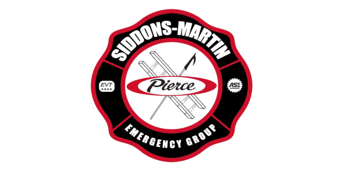 Black circular logo with red border features crossed rifles and the word Peace in the center. The text Siddons-Martin Emergency Group encircles it. Round symbols appear on the sides.