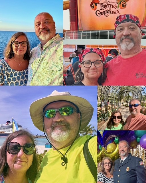Jeff Jones Collage A collage of six photos shows a couple in various settings: by the ocean, at a Pirates of the Caribbean event, walking outdoors, on a tropical trip with a cruise ship, in a flower garden, and dressed formally at an event with balloons.