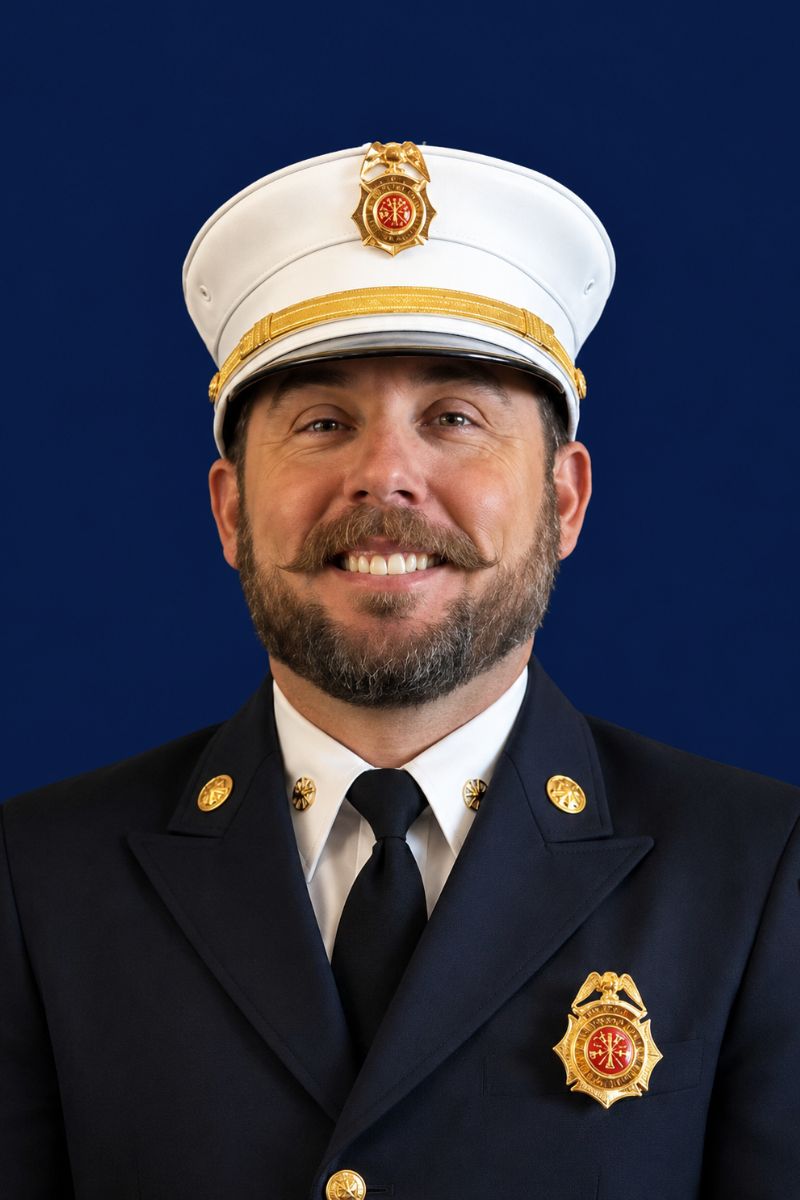 Kory Ward - Wynne Fire Department A man wearing a formal dark blue firefighter dress uniform and white hat with a badge, posing and smiling in front of a plain dark blue background.